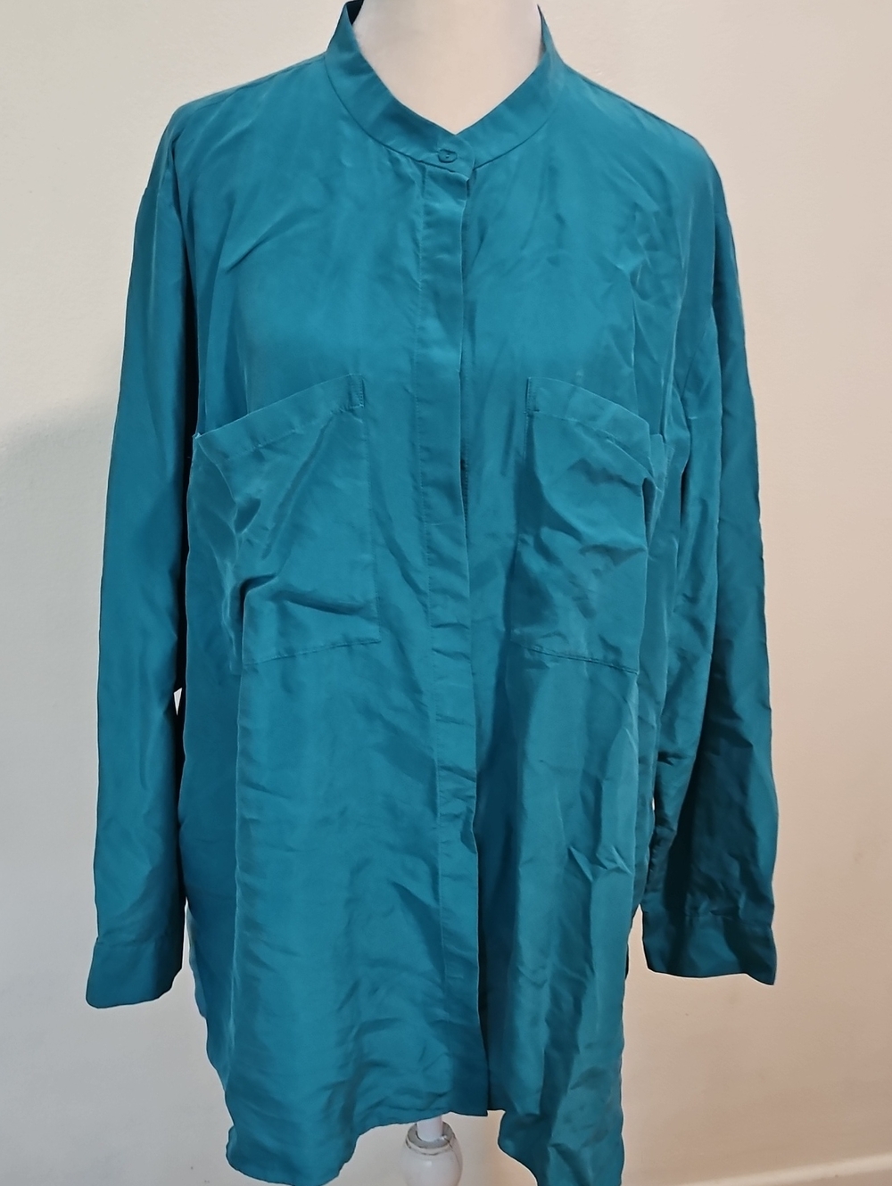 Eileen Fisher Teal Longline Silk Shirt Jacket XL Washable Silk